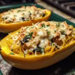Garlic Parmesan Stuffed Spaghetti Squash with Chicken and Spinach