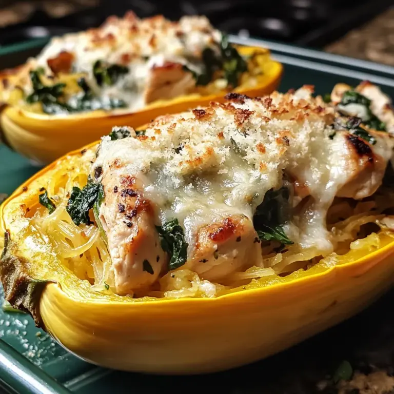 Garlic Parmesan Stuffed Spaghetti Squash with Chicken and Spinach